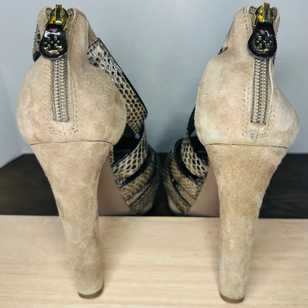 Tory Burch Venice Snakeskin Suede Platform Strappy‎ Heels Tan Brown 7.5M Exotic
